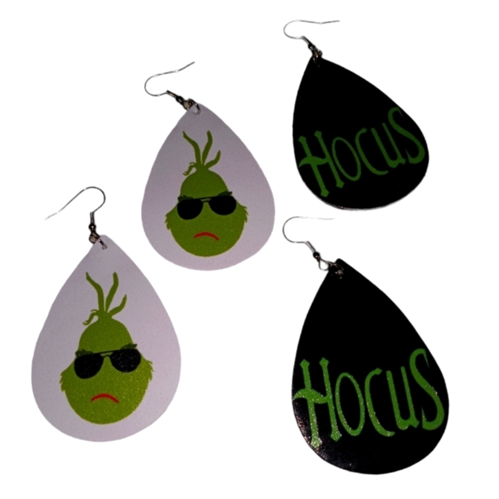 Faux leather grinch teardrop earrings